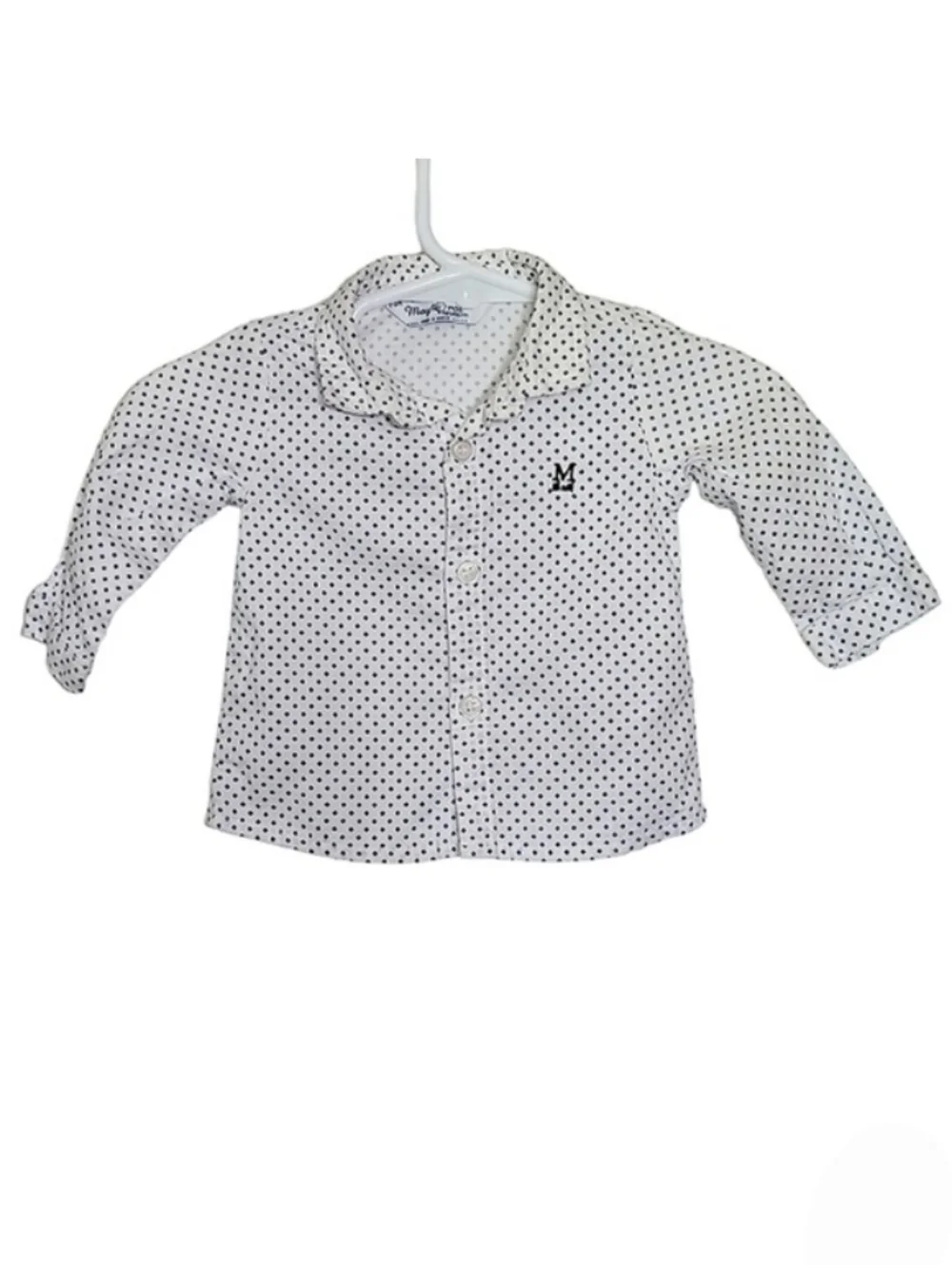K1095 * Mayoral Boys Polka Dot Button Down Long Sleeve White Blue Size 1-2M